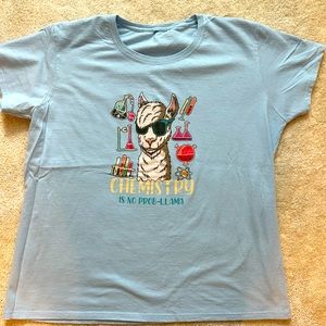 Chemistry Nerd t-shirt, Chemistry is no prob-llama. Light blue. Ladies size 2XL